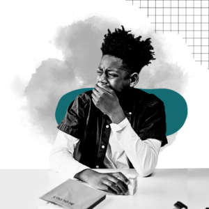A student yawning while sitting at a desk, symbolizing sleep deprivation and its effect on memory retention, with a modern teal and abstract grid background.
