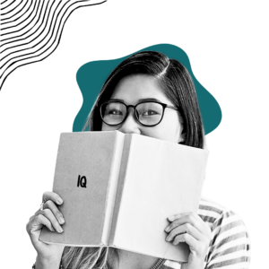 A woman holding a book titled "IQ," partially covering her face, with a thoughtful expression and teal abstract shapes in the background.