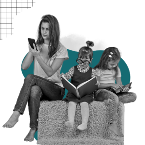 A woman and two young girls engaged in different learning activities—reading, using a smartphone, and a tablet—against a teal and abstract background.