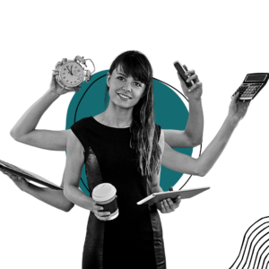 A smiling woman multitasking with multiple arms holding various objects, including a clock, phone, tablet, coffee cup, and calculator, against a teal and white abstract background.