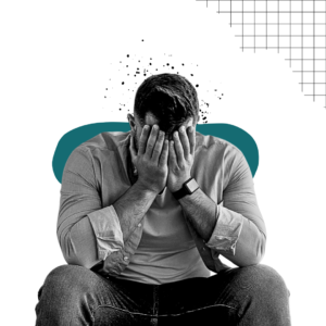 A man sitting with his head in his hands, looking stressed and overwhelmed, symbolizing mental fog, with abstract teal and grid background elements.