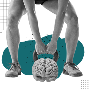 Person lifting a kettlebell shaped like a brain, symbolizing brain training as mental fitness.