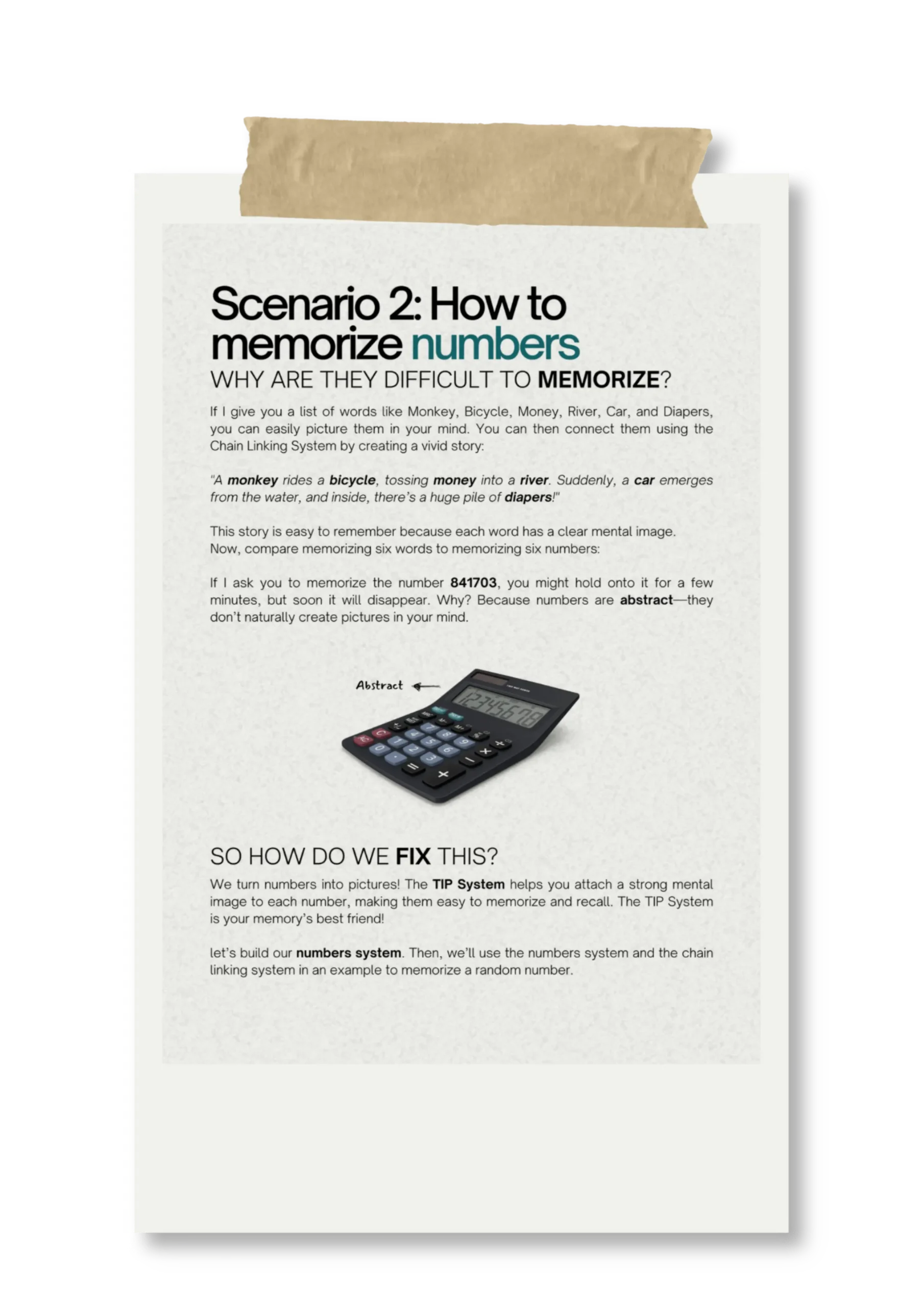 Preview of book content showcasing memory techniques for learning words and numbers using the TIP System.