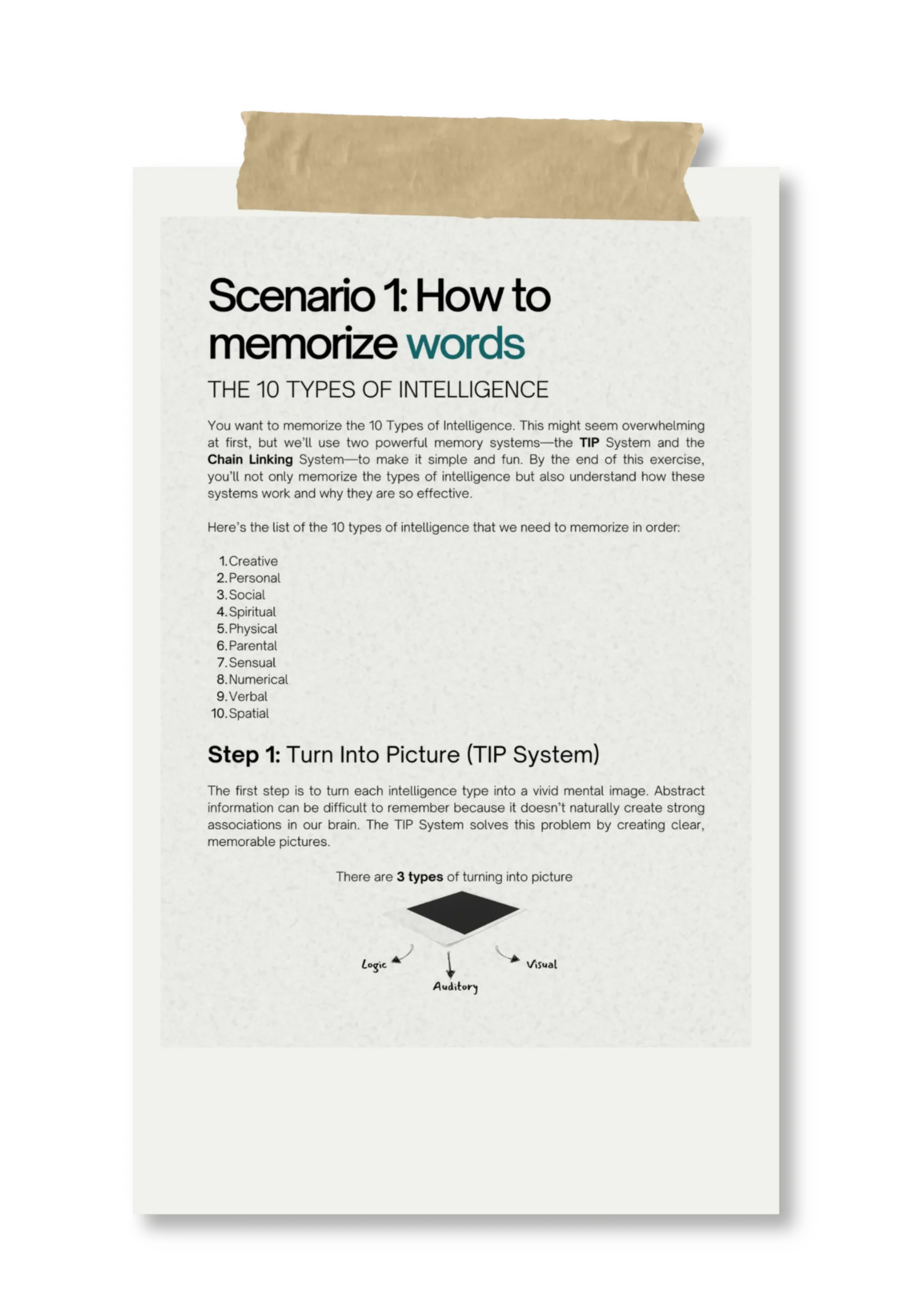 Preview of book content showcasing memory techniques for learning words and numbers using the TIP System.