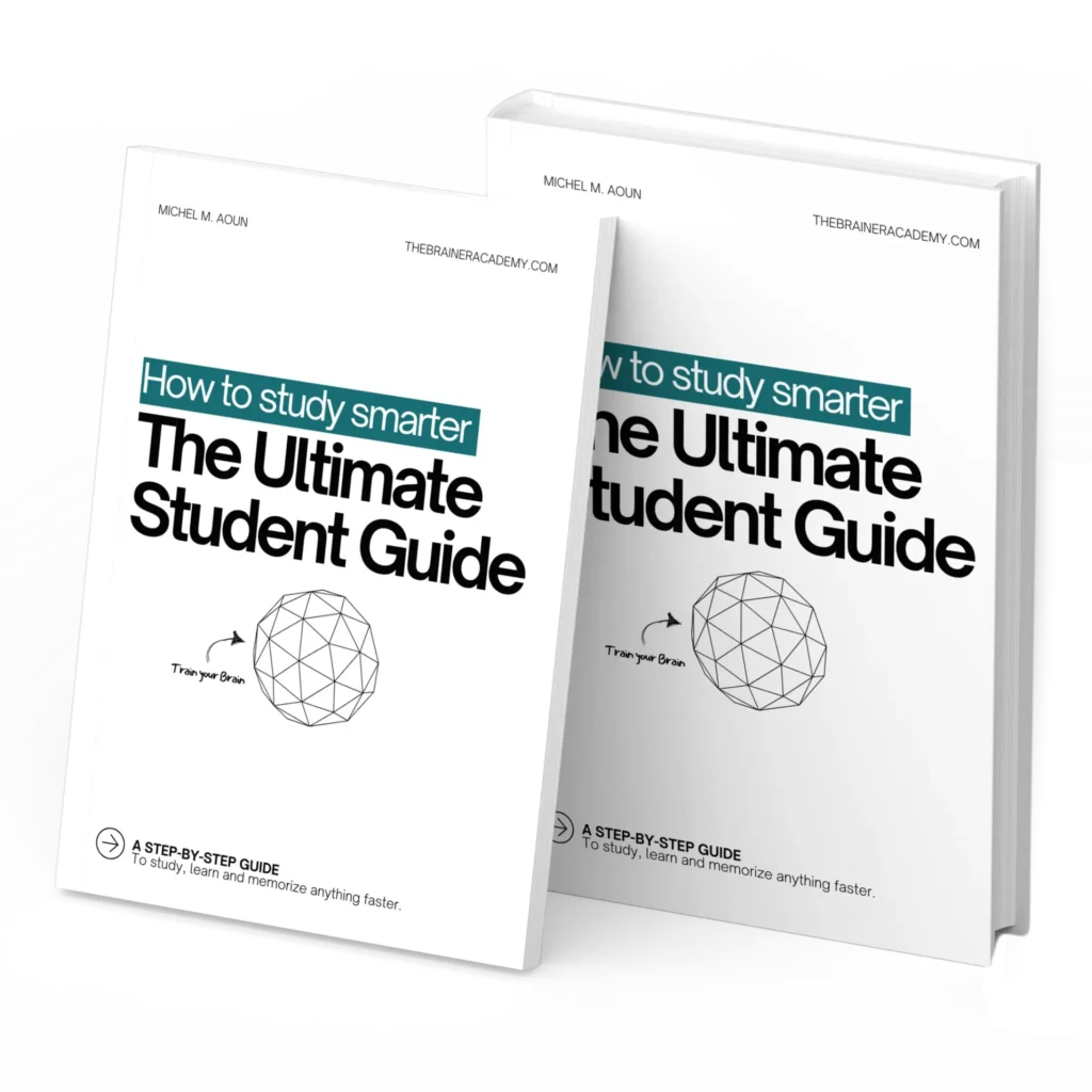 Book cover of The Ultimate Student Guide by Michel M. Aoun, featuring a minimalist white background, bold black typography, and a geometric brain illustration. The tagline 'How to study smarter' highlights the book’s focus on memory techniques, learning strategies, and cognitive performance.