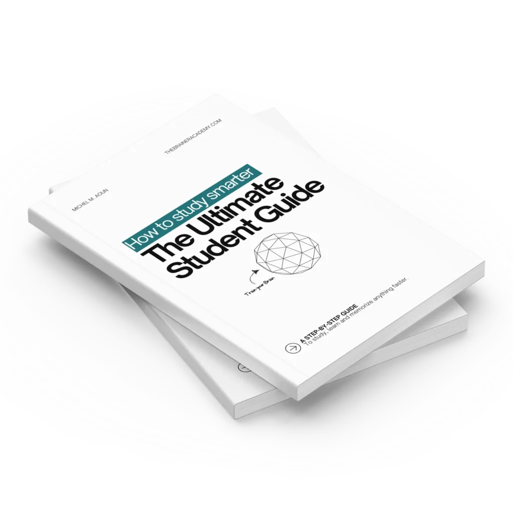 Book cover of The Ultimate Student Guide by Michel M. Aoun, featuring a minimalist white background, bold black typography, and a geometric brain illustration. The tagline 'How to study smarter' highlights the book’s focus on memory techniques, learning strategies, and cognitive performance.