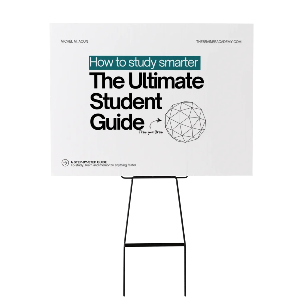 Book cover of The Ultimate Student Guide by Michel M. Aoun, featuring a minimalist white background, bold black typography, and a geometric brain illustration. The tagline 'How to study smarter' highlights the book’s focus on memory techniques, learning strategies, and cognitive performance.