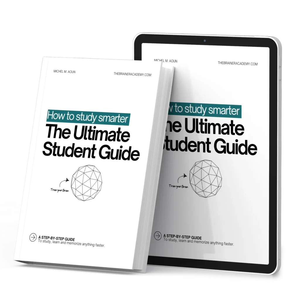Book cover of The Ultimate Student Guide by Michel M. Aoun, featuring a minimalist white background, bold black typography, and a geometric brain illustration. The tagline 'How to study smarter' highlights the book’s focus on memory techniques, learning strategies, and cognitive performance.