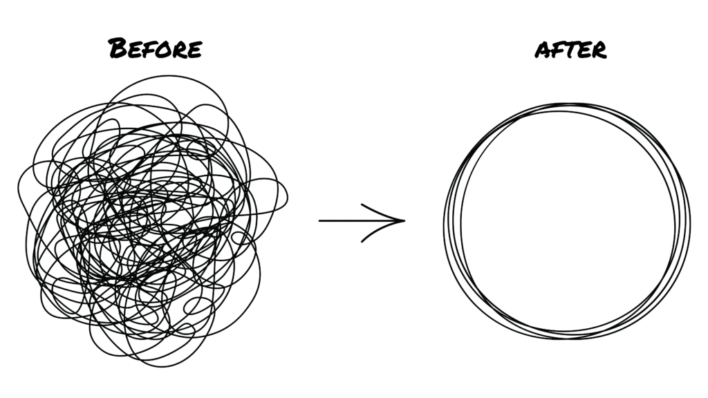 A conceptual illustration showing a transition from confusion to clarity. On the left, a chaotic scribble represents struggling with learning and memorization. An arrow points to the right, where a neatly drawn circle symbolizes structured understanding and effective learning.