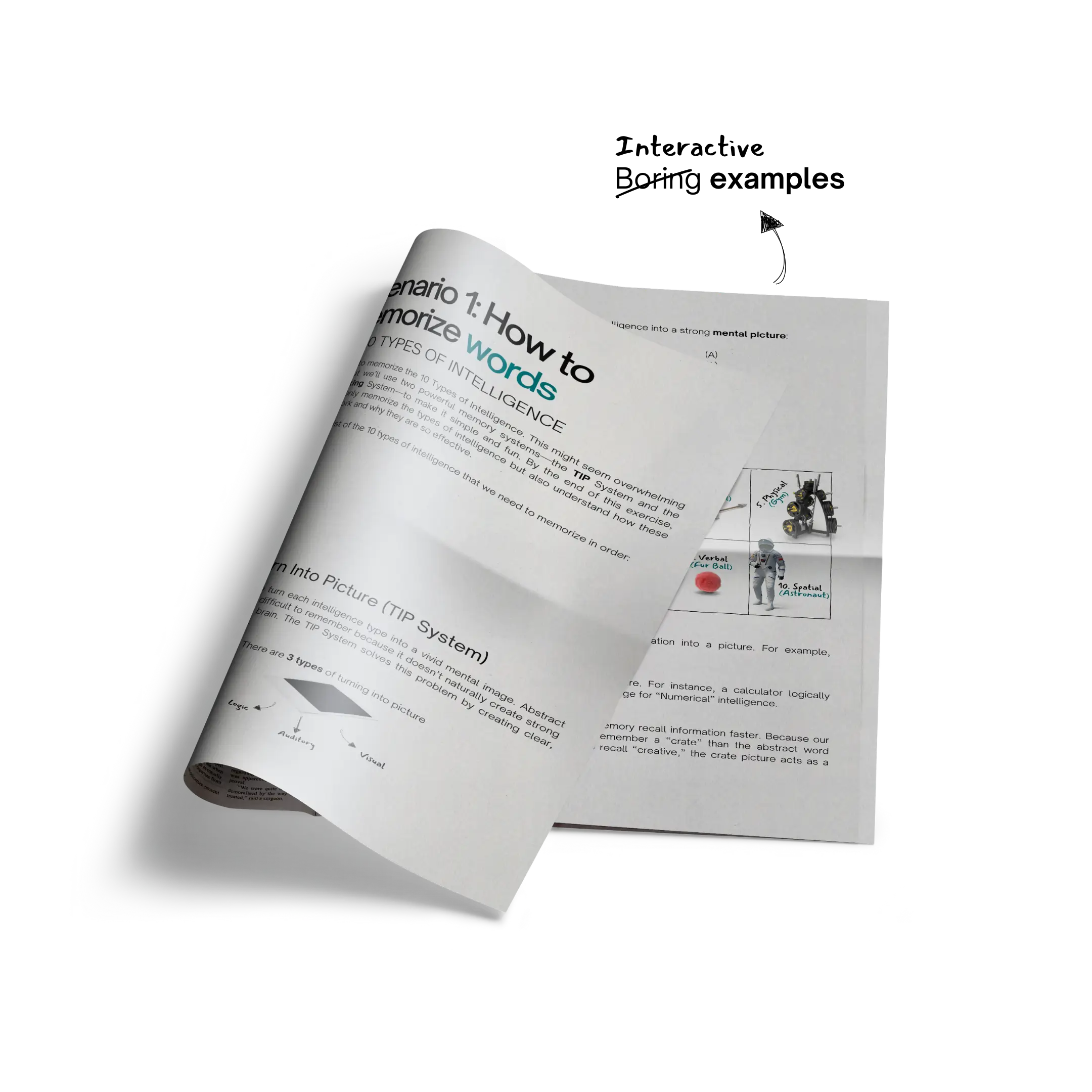 A close-up of an open book or workbook featuring a lesson on memorization techniques. The visible page highlights 'Scenario 1: How to Memorize Words' and introduces the TIP (Turn Info into Picture) system with text and visuals.