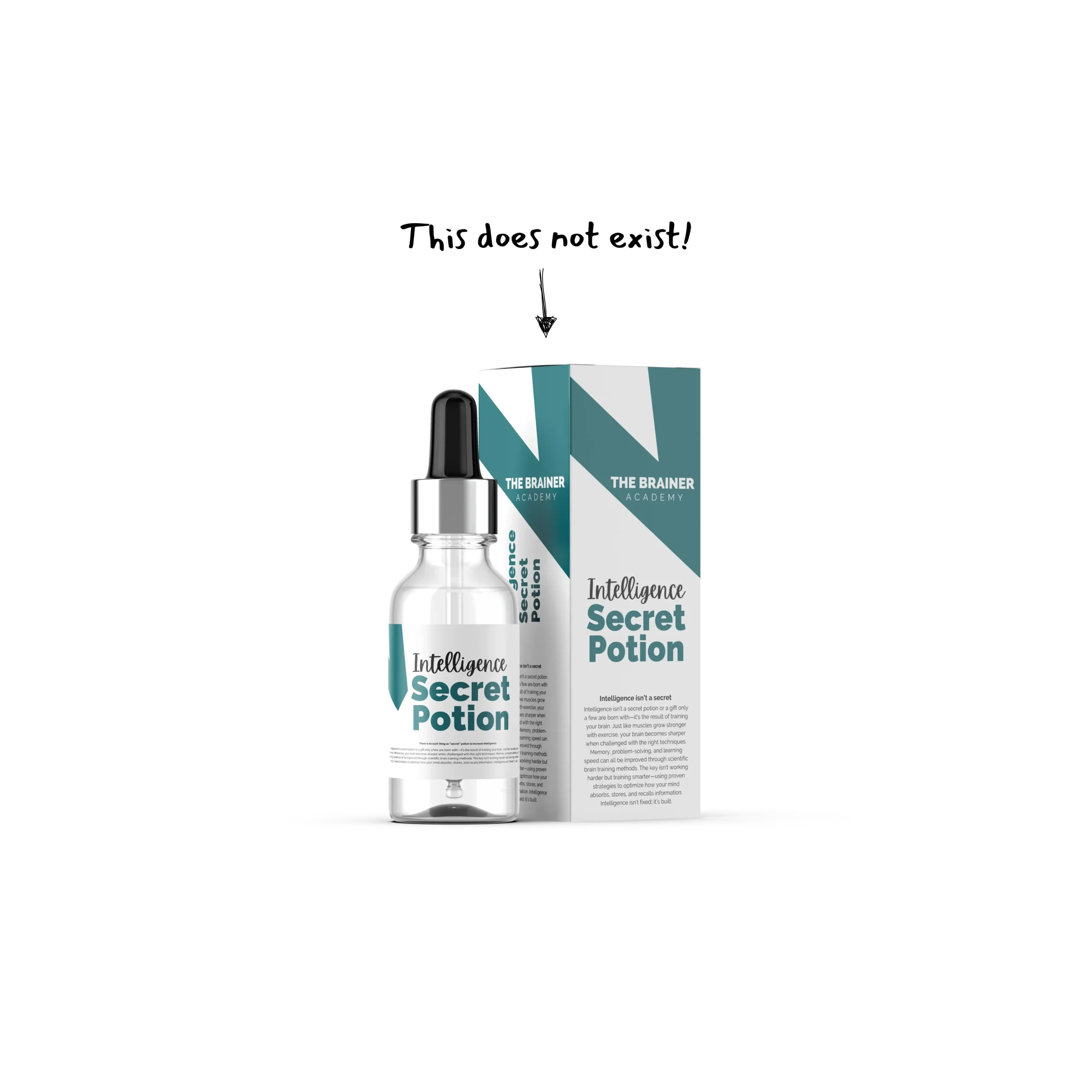 A dropper bottle labeled 'Intelligence Secret Potion' alongside its packaging, branded with 'The Brainer Academy,' symbolizing the idea that intelligence is developed through brain training, not magic.