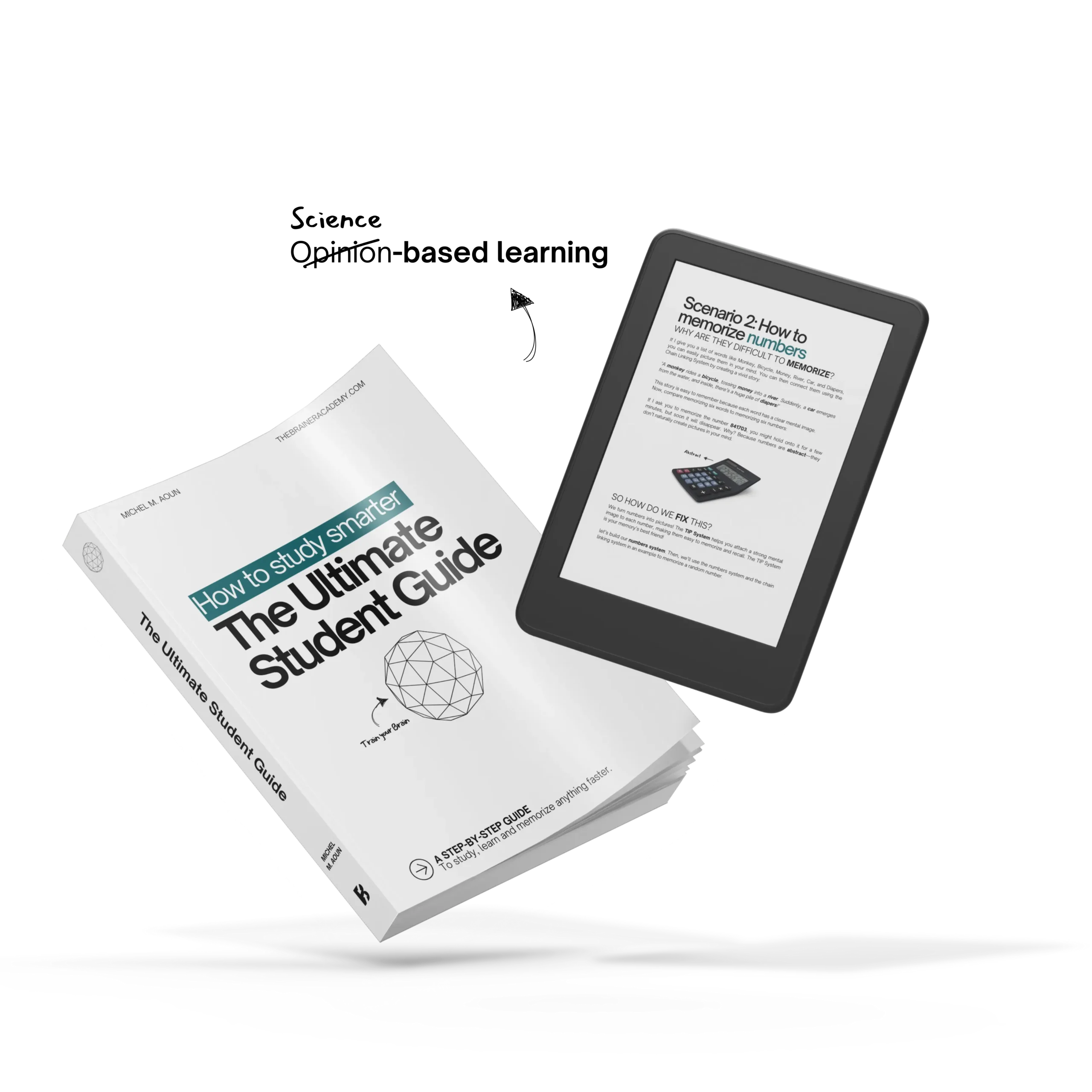 A physical book titled 'The Ultimate Student Guide' alongside an e-reader displaying a lesson on memorizing numbers, part of a brain-training and study improvement system.