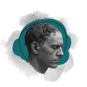 Conceptual image of a man with parts of his head decaying into soil, symbolizing brain rot and cognitive decline.