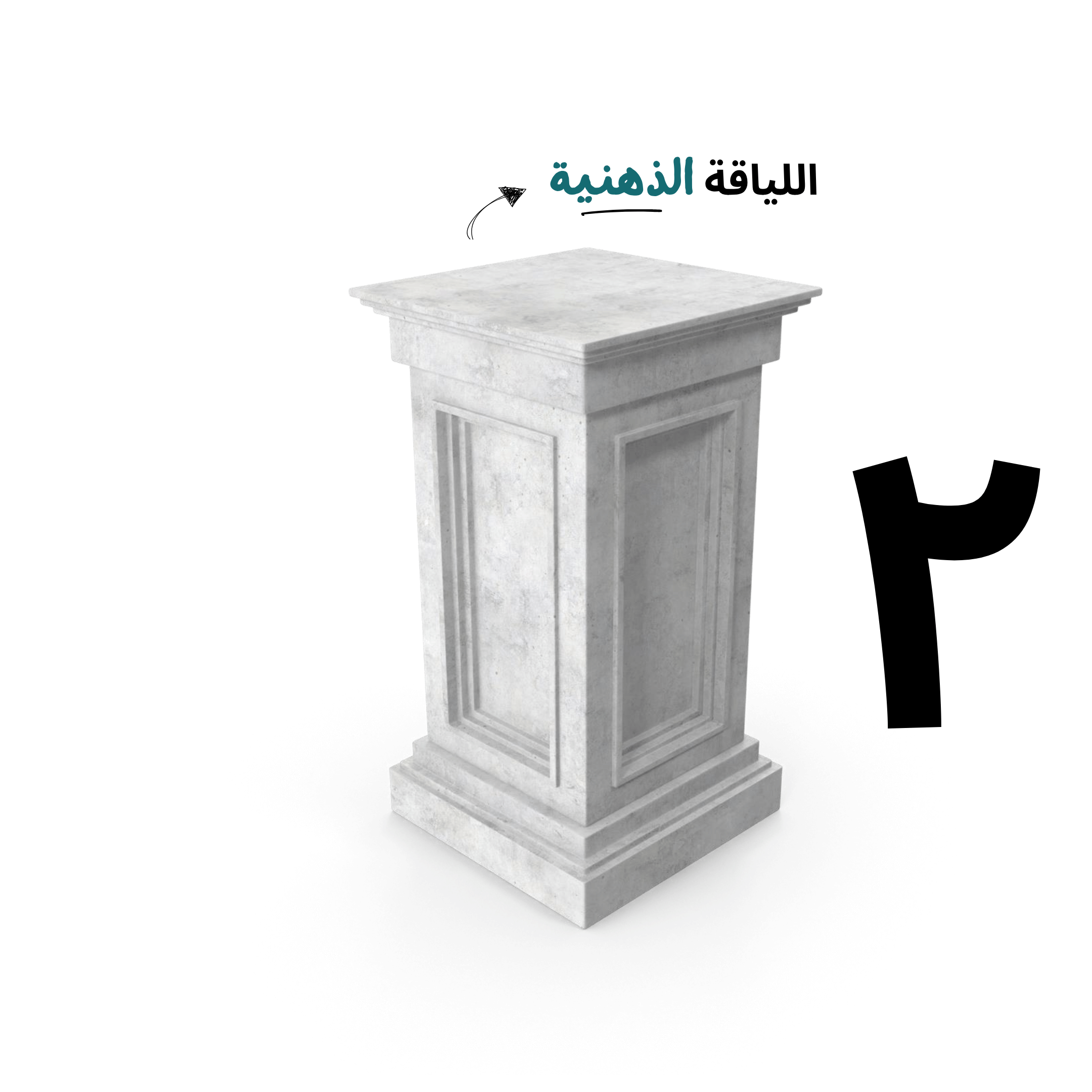 ثلاثة أعمدة حجرية، يحمل كل منها كلمة مختلفة — العلم، الذهن، والفن — تمثل ركائز أساسية للمعرفة والتطوّر الفكري.