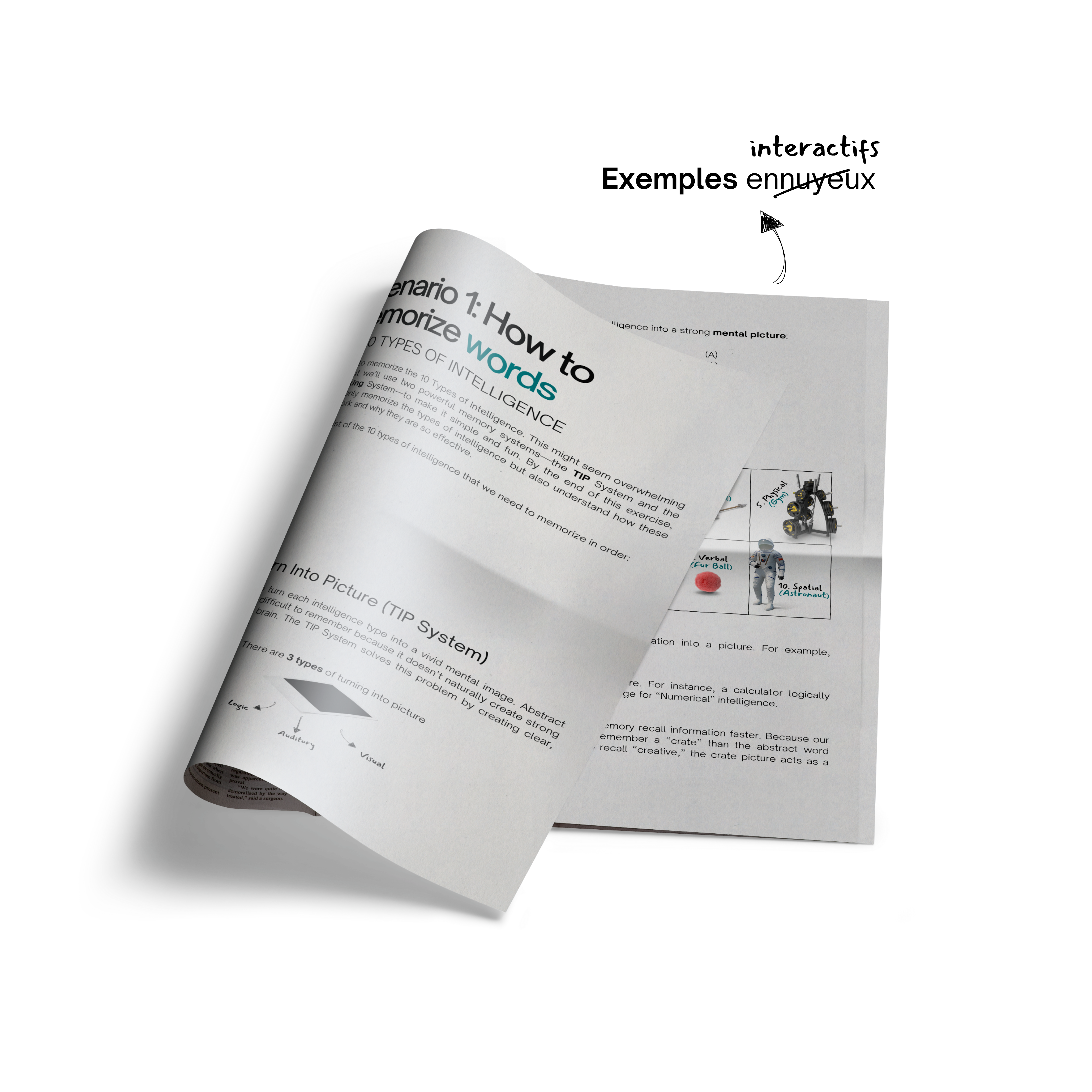 Gros plan sur un livre ou cahier ouvert présentant une leçon sur les techniques de mémorisation. La page visible met en avant « Scénario 1 : Comment mémoriser des mots » et introduit le système TIP (Transformer l’Information en Image) avec du texte et des visuels.