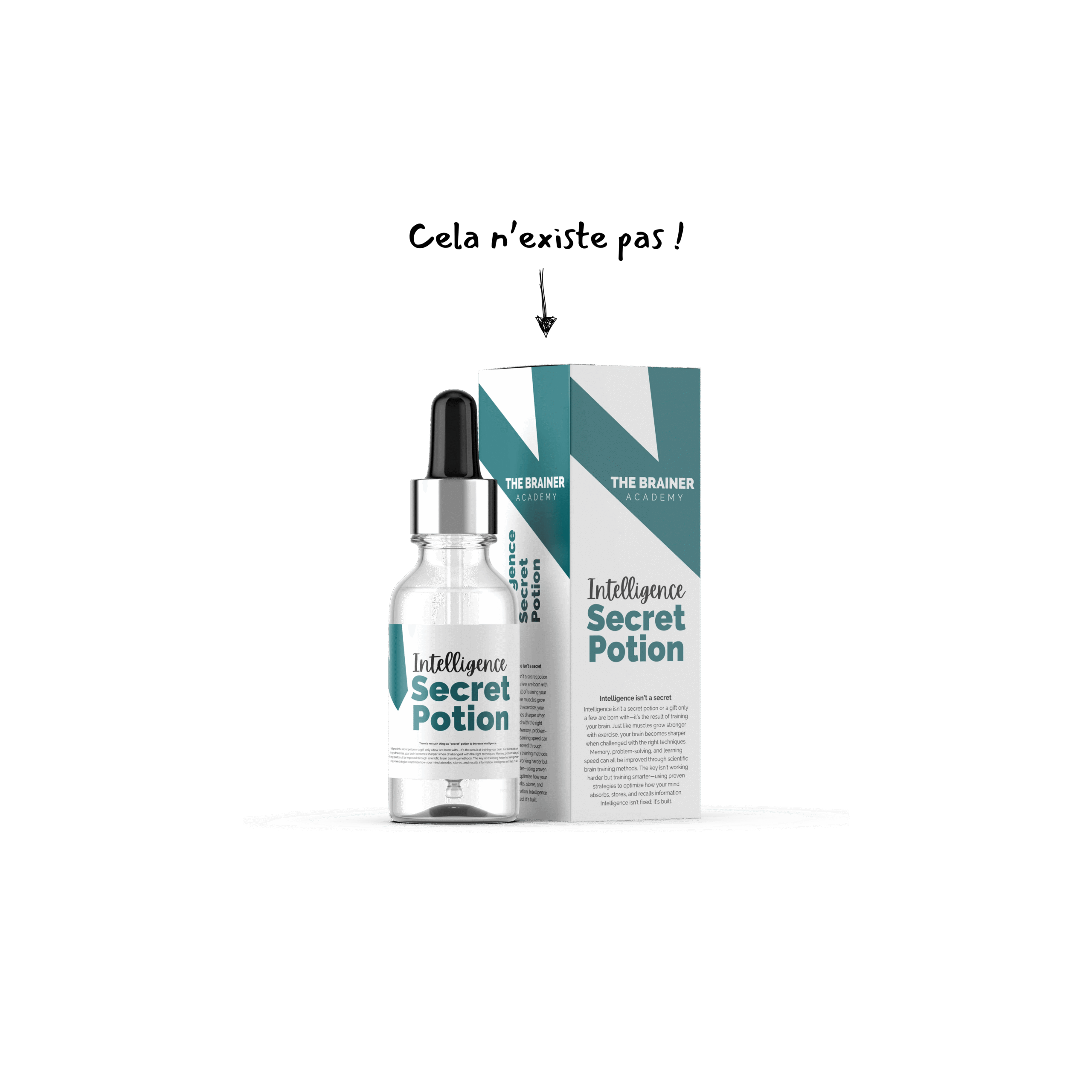 Flacon compte-gouttes étiqueté « Intelligence Secret Potion » accompagné de son emballage, marqué « The Brainer Academy », symbolisant l’idée que l’intelligence se développe grâce à l’entraînement cérébral, et non par magie.
