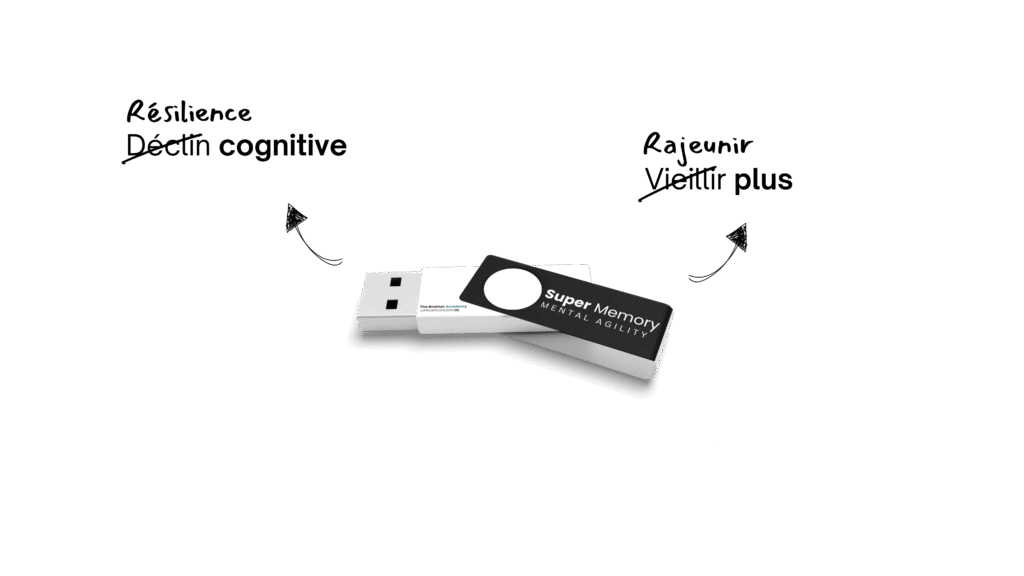 Clé USB élégante marquée « Super Memory – Agilité Mentale » et « The Brainer Academy », symbole de l’entraînement de la mémoire et du développement cognitif.